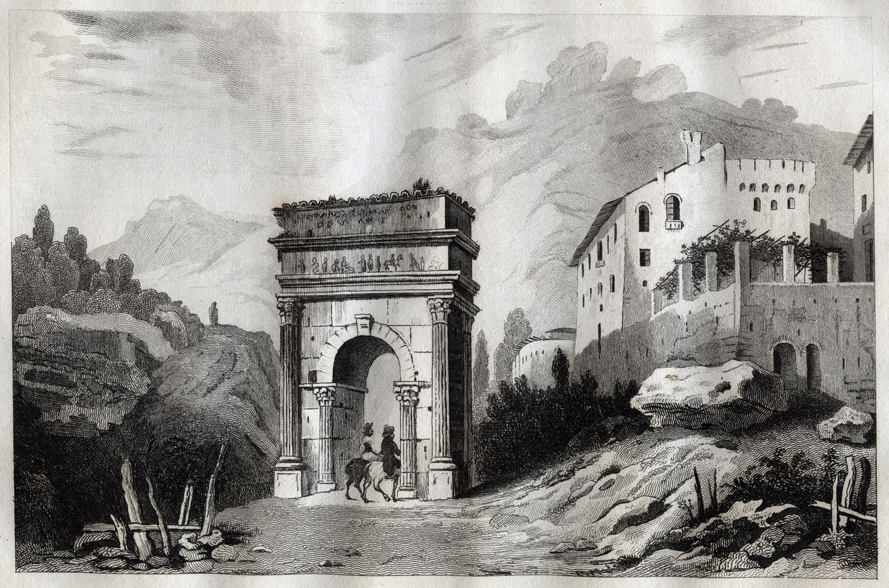 Augustusbue (Susa) - Augustusbue (Susa) - Arco di Augusto (Susa) - Indgravering fra "" Italy Picturesque" - Historisk og beskrivende maleri af Italien"" af M. de Norvins, Ch. Nodier 1834-1836. af French School