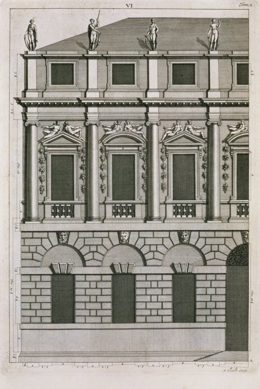 Arkitektonisk design, der viser palladianske proportioner, indgraveret af Bernard Picart (1673-1733) ca. 1716 af French School