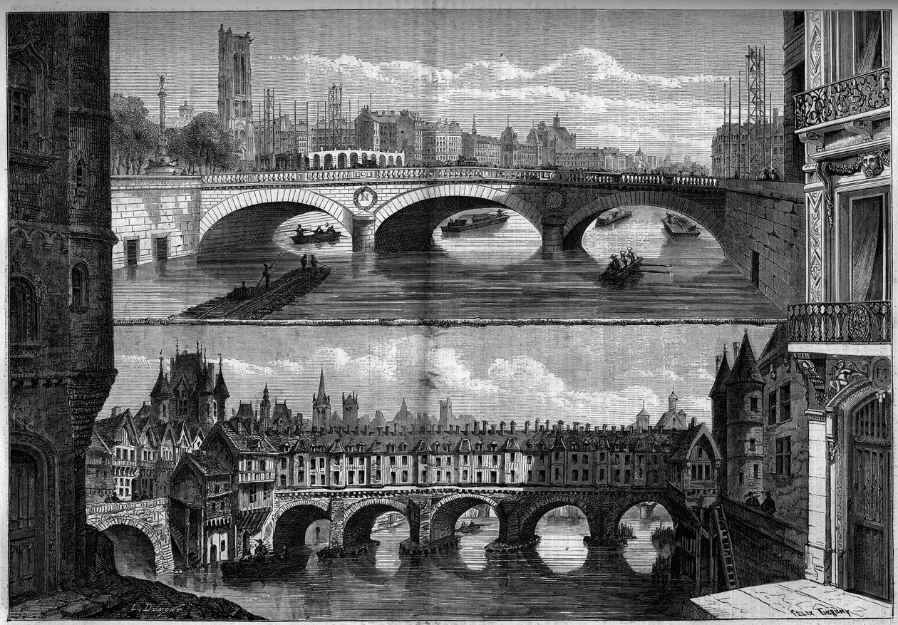 Arkitektur, Paris: udsigt over den gamle bro au Change (1639-1647) i 1660 og den nye bro bygget i 1860. Indgravering i "" Le Monde Illustré"" nr. 184 af 20. oktober 1860. af French School