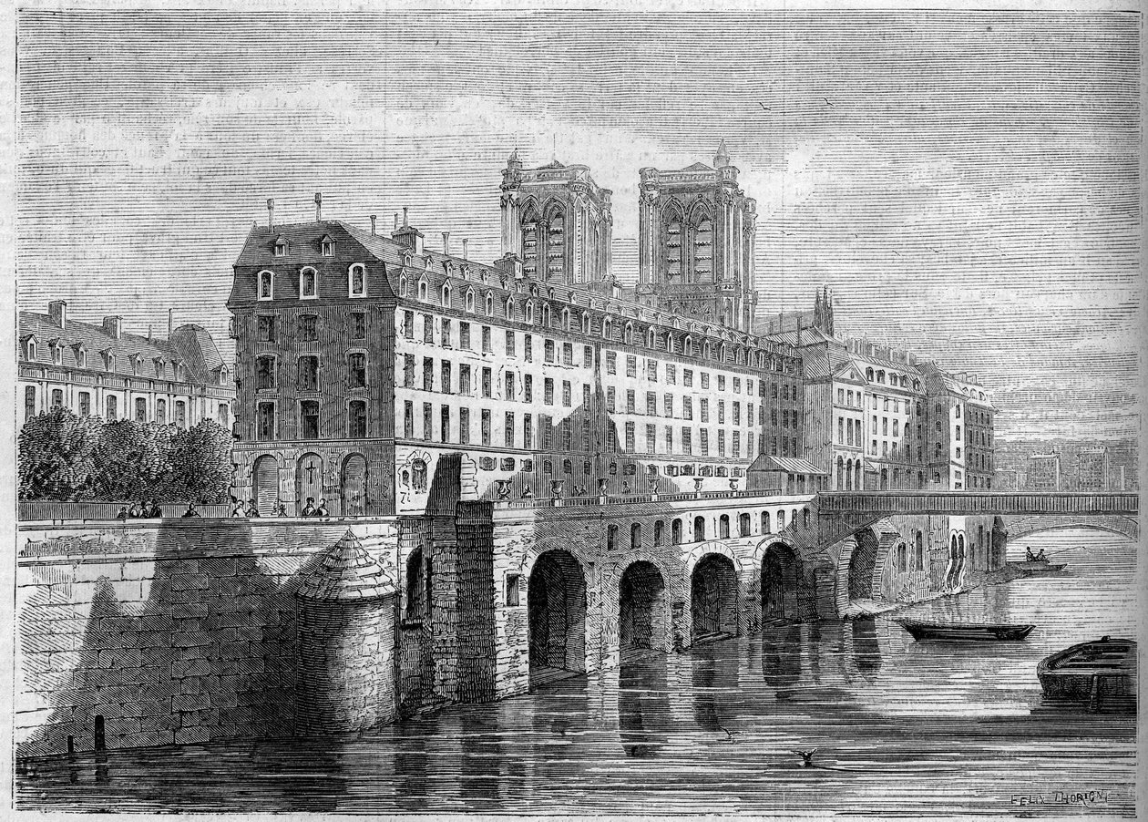 Arkitektur: udvendig udsigt af Hotel Dieu på Ile de la Cite i Paris, før dets nedrivning. Udsigt taget fra Quai de la Tournelle i 1859. Indgravering i "" Le Monde Illustré"" nr. 136 af 19. november 1859. af French School