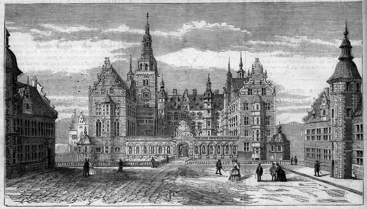 Arkitektur: udvendig udsigt over Frederiksborg slot (ca. 1625) i Danmark af French School
