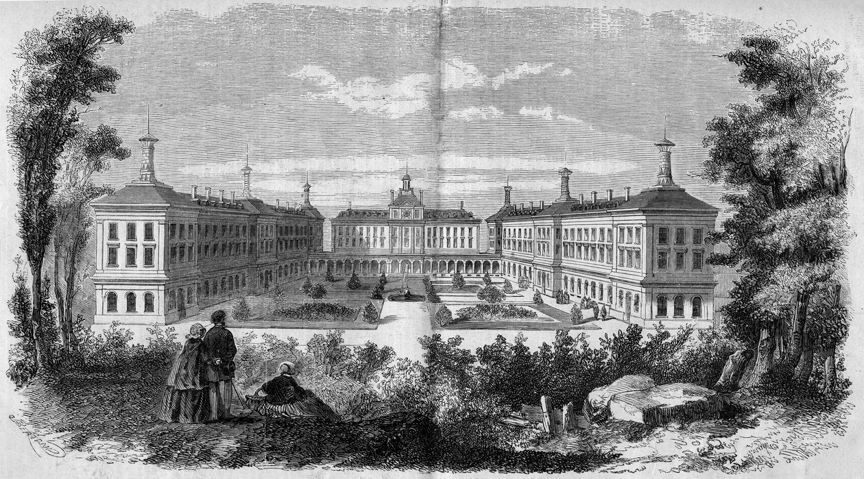 Arkitektur: overblik over militærhospitalet i Vincennes (1858). Indgravering i "" Le Monde Illustré"" nr. 61 af 12. juni 1858. af French School