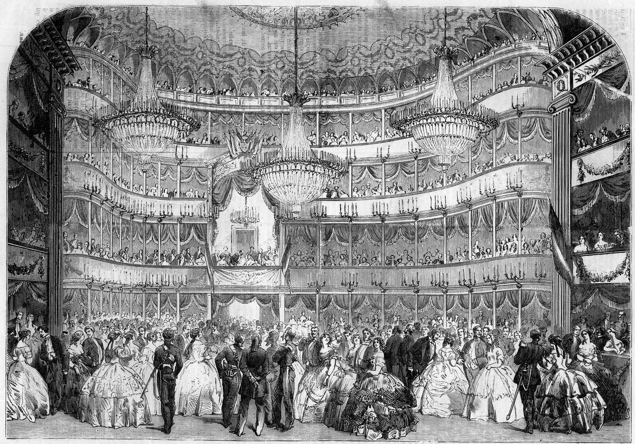 Arkitektur: Indvendig visning af Det Kongelige Teater (1800-tallet) i Nice (Alpes Maritimes, 06), i 1858, under velgørenhedsbal givet af Societe francaise d