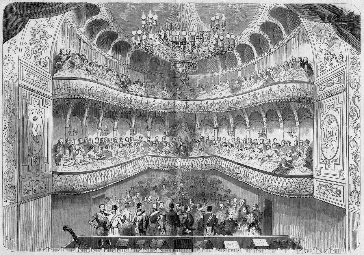Arkitektur: indvendig udsigt over teatret (1700-tallet) i slottet Fontainebleau. Indgravering i "" Le Monde Illustré"" nr. 61 af 12. juni 1858. af French School