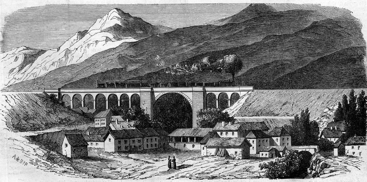 Arkitektur: udsigt over Bellegarde-viadukten (Rhone Alpes) på jernbanelinjen, der forbinder Lyon med Genève. 1858. Indgravering i "" Le Monde Illustré"" nr. 49 af 20. marts 1858. af French School