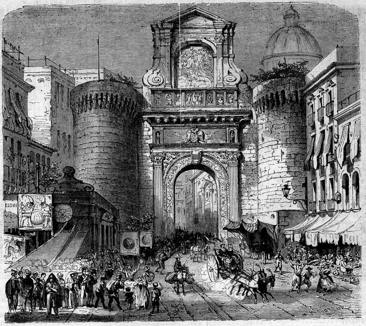 Arkitektur: udsigt over Porta Capuana (Porta Capuana) (1484) i Napoli, under indtoget af tropperne fra ekspeditionen af de tusinde eller de røde skjorter i Garibaldi i 1860. Indgravering i "" Le Monde Illustré"" n°180 af 22. september 1860. af French School