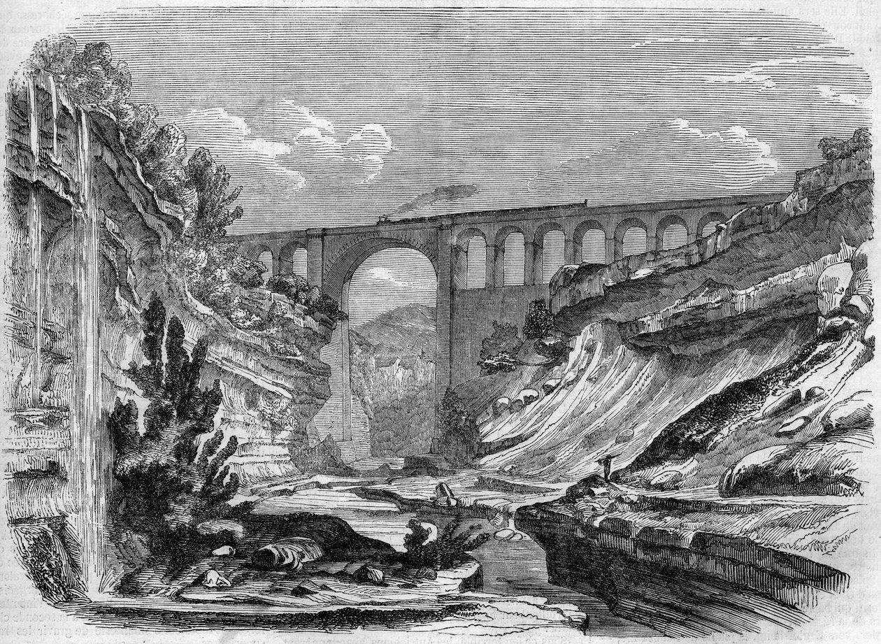 Arkitektur: udsigt over Valserine-viadukten (Rhone Alpes) på jernbanelinjen, der forbinder Lyon med Genève. 1858. Indgravering i "" Le Monde Illustré"" nr. 48 af 13. marts 1858. af French School