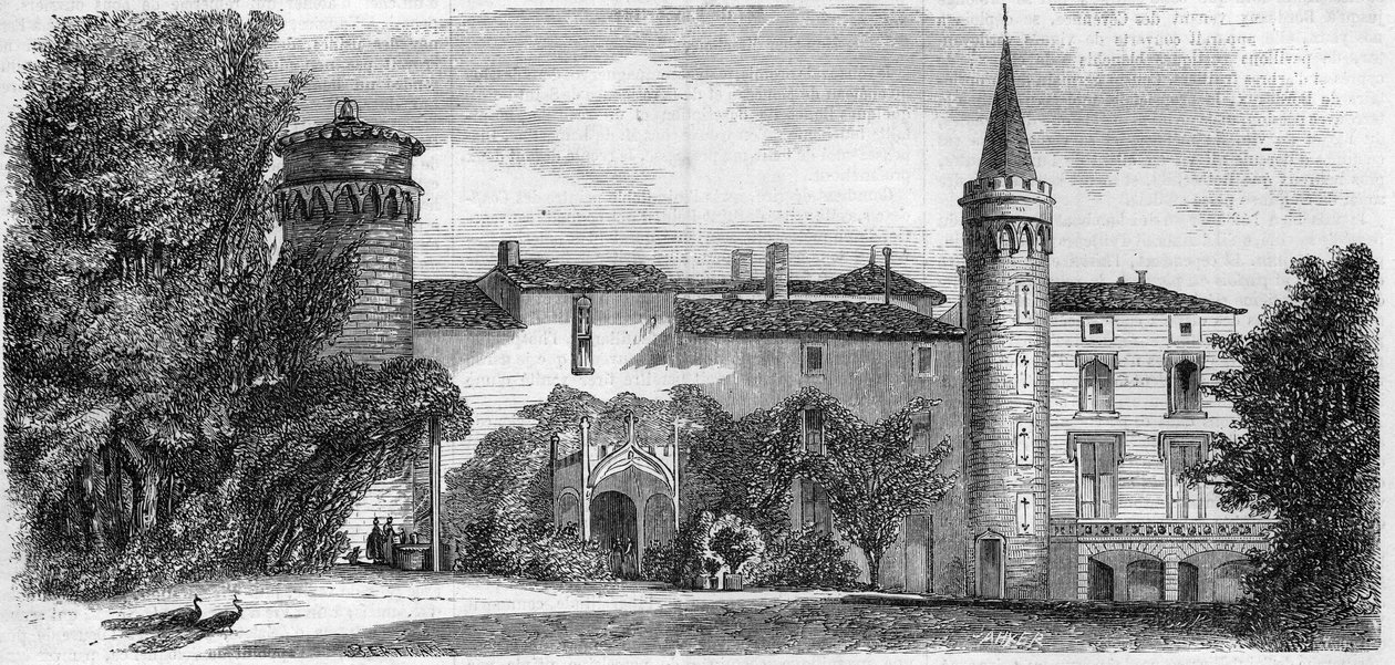 Arkitektur: udsigt over slottet Saint Point (Saint-Point) (1200-tallet), Alphonse de Lamartines residens. Saone og Loire (71). Indgravering i "" Le Monde Illustré"" nr. 29 af 31. oktober 1857. af French School