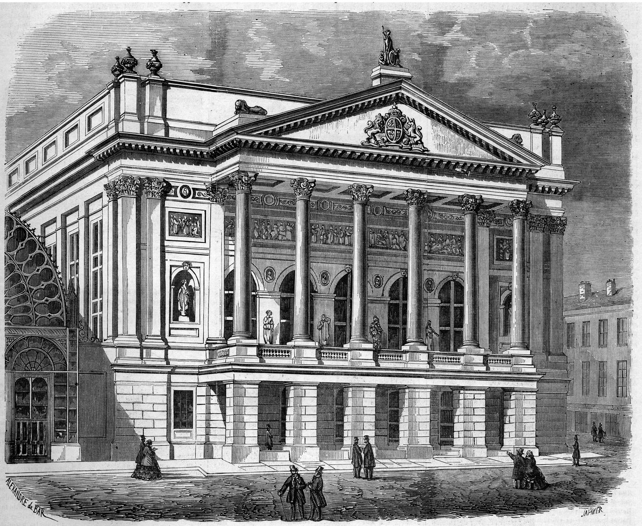 Arkitektur: udsigt over facaden på det italienske teater i London (England) i 1858. Indgravering i "" Le Monde Illustré"" nr. 38 af 2. januar af French School