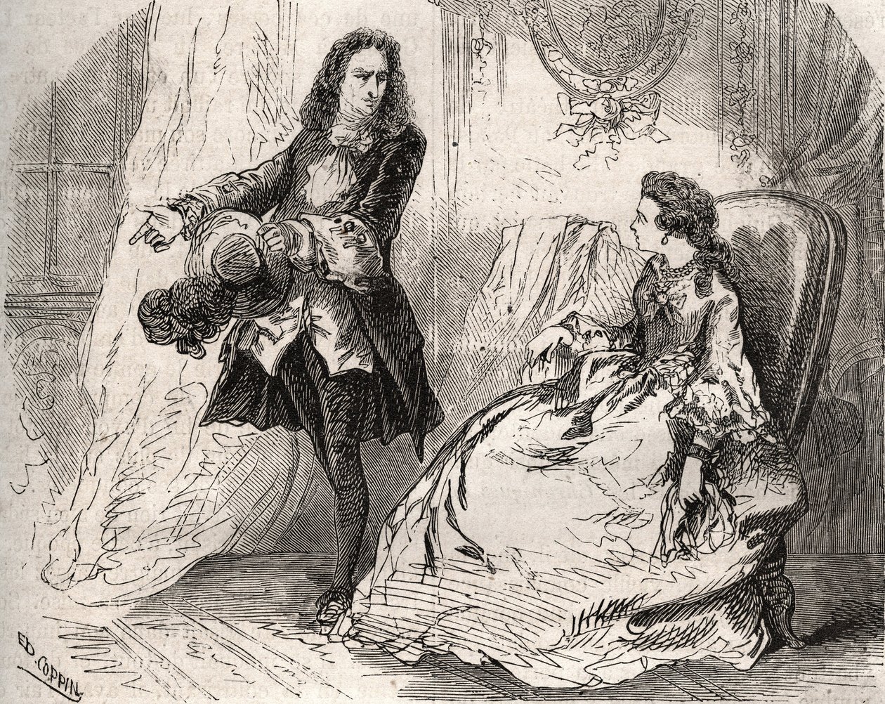 Armande Bejart (1641-1700), hustru til Jean Baptiste Poquelin dit Moliere (1622-1673) med sin elsker, greven af Guiche, gravering af 1871 i "Histoire Des Cocus Celebres"" af Henry de Kock (1819-1892). af French School