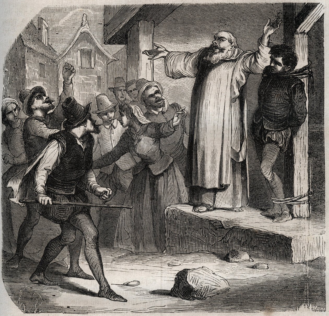 Arnaud du Tilh (Thil) er knyttet til en galge og udsat for fornærmelser fra mængden før hans henrettelse for at tilrane sig Martin Guerres identitet (ca. 1524 omkring 1560). Indgravering fra 1871 i "Histoire Des Cocuses Celebres"" af Henry de Kock (181) af French School
