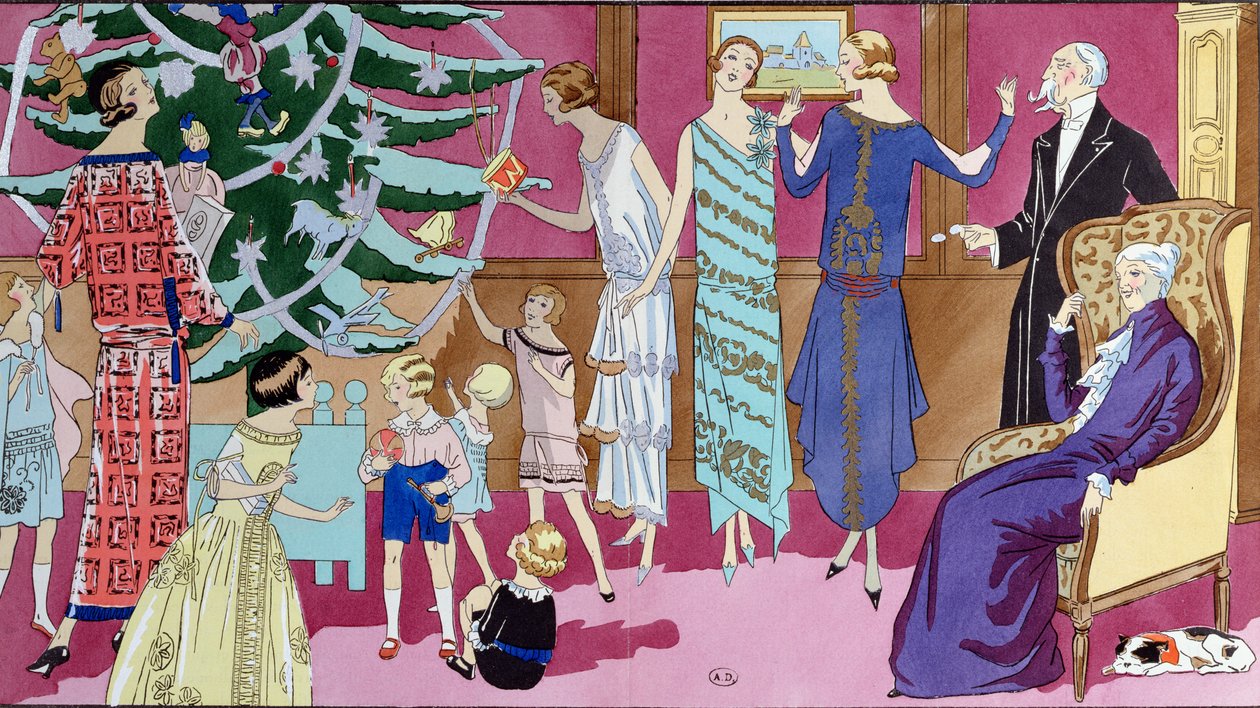 Rundt om juletræet, modetallerken fra magasinet Art Gout Beaute, december 1923 af French School