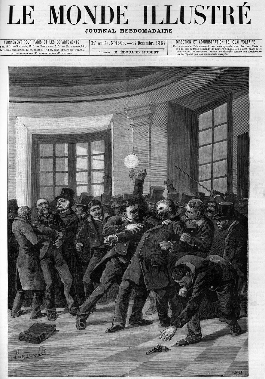 Anholdelse af Aubertin efter hans forsøg på angreb på Jules Ferry ved Palais Bourbon i 1887. Cover af "" The Illustrious World"" fra 1887. af French School