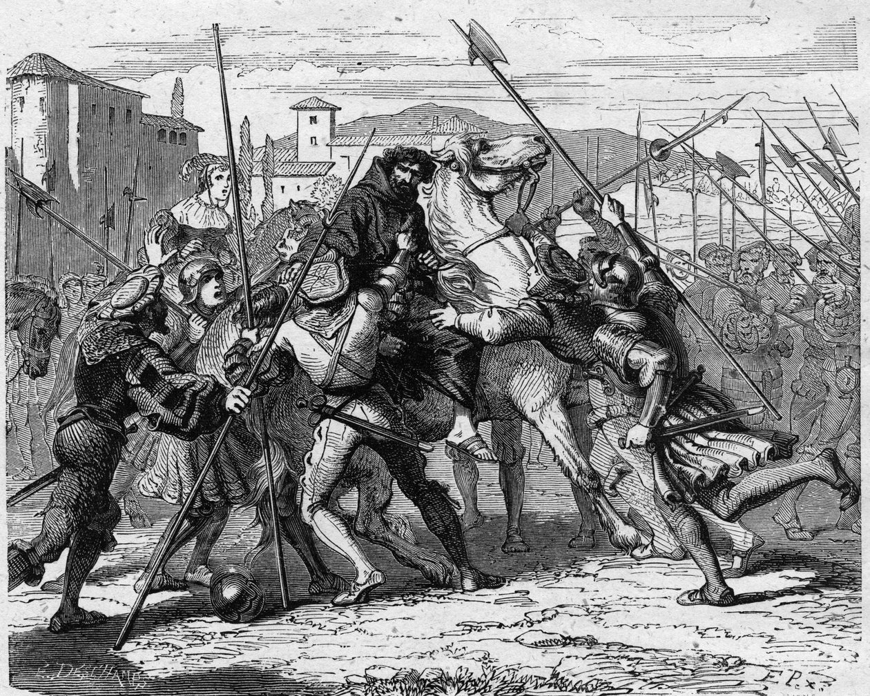 Arrestation af Ludovic Marie Sforza dit le More (Ludovico Maria Sforza detto il Moro) (1452-1508) i Milano i 1500 forrådt af schweiziske lejesoldater, han faldt i hænderne på den franske hær. Indgravering i "" Histoire De France En Cent malerier af Paul Le af French School
