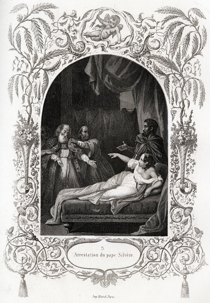 Arrestation af pave Silvere (Silverio) (pave fra 536 til 537). Gravering til illustration af Histoire des popes af Maurice Lachatre (1814-1900), librairie du progres, Paris. af French School