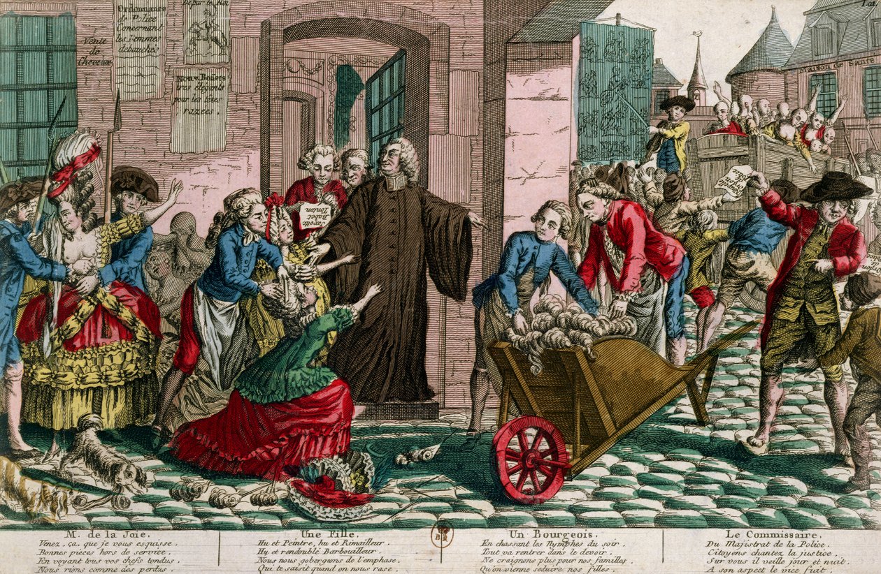 Anholdelse af prostituerede af politiet i Paris, ca. 1759 (farvestik) af French School