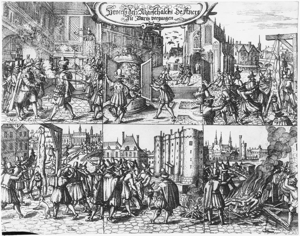 Arrestation, retssag og tortur af Concino Concini, markis og marskal af Ancre den 24. april 1617 af French School