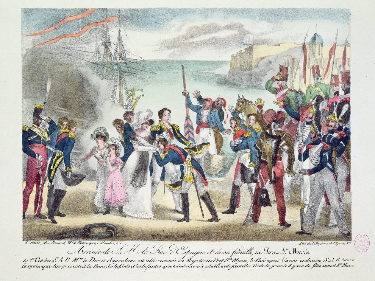 Hans Majestæt Ferdinand VII og hans families ankomst til Porte Sainte Marie, 1. oktober 1823, 1823 af French School