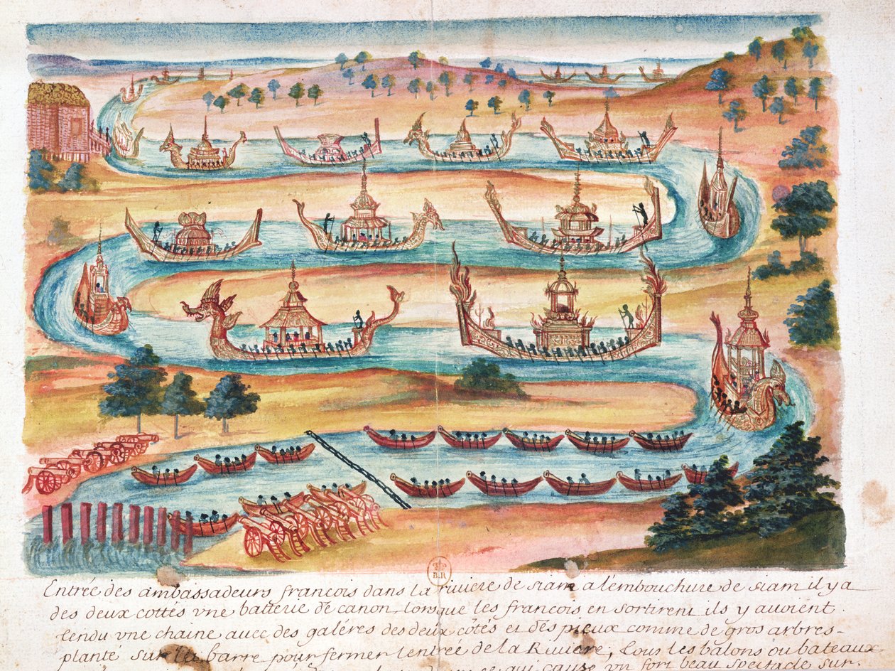 Ankomst af de franske ambassadører til Siam, fra en beretning om jesuitterne i Siam, 1688 (wc på papir) af French School