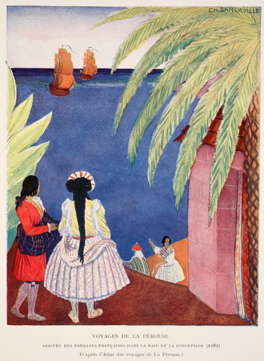 De franske fregatters ankomst til undfangelsesbugten, Voyages of Perouse, kopi af M. Charles Sanlaville (fl.1920-30), illustration fra Histoire de la Nation Francaise af Gabriel Hanotaux (1853-194) af French School