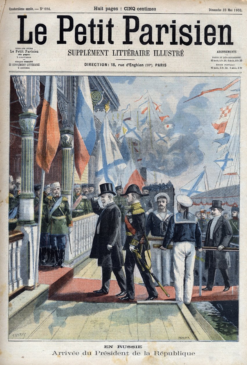Ankomst af den franske republiks præsident Emile Loubet (1838-1929) til Rusland i "Le petit Parisien"" af French School