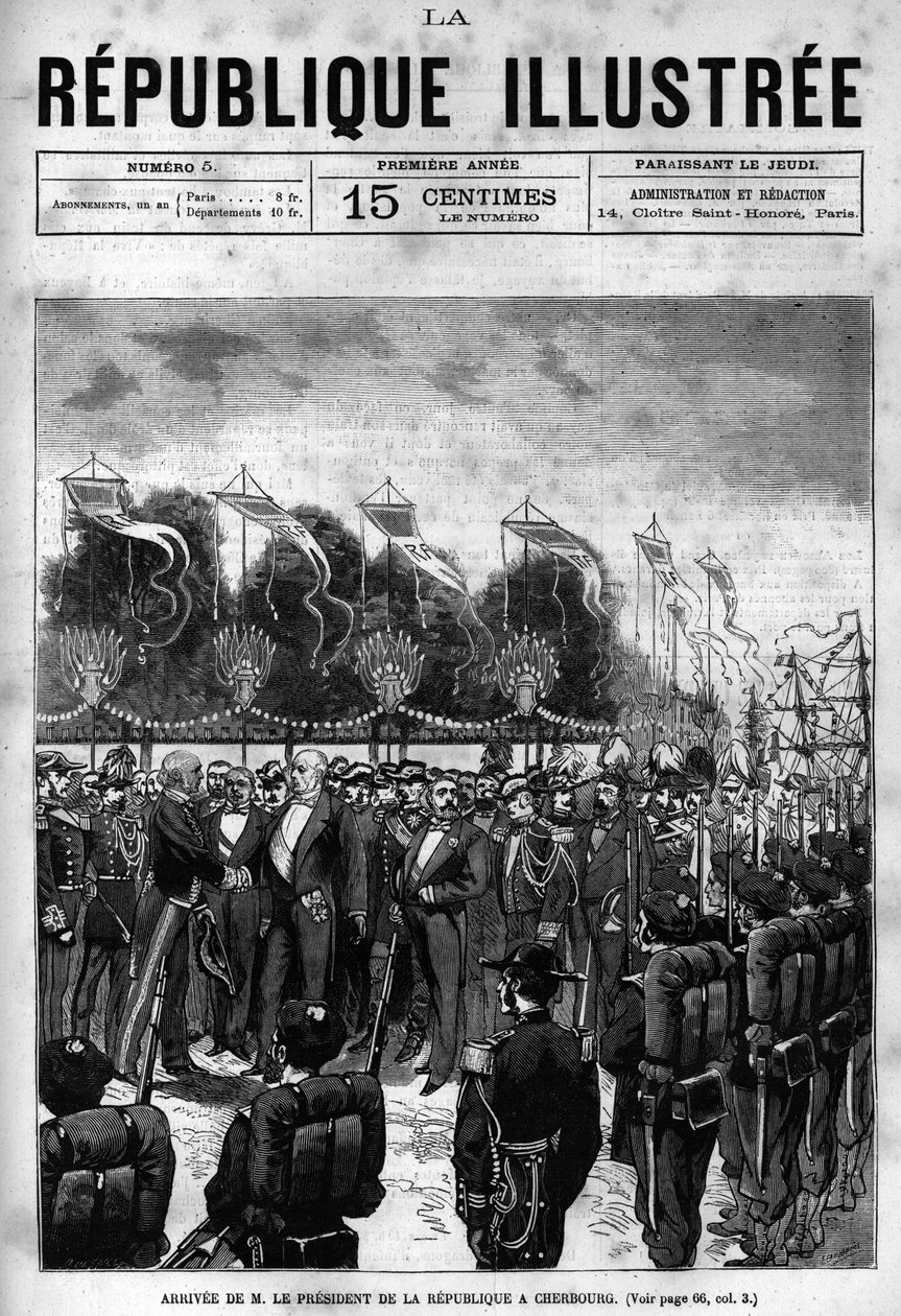 Ankomst af republikkens præsident Jules Grevy (1807-1891) til Cherbourg-festlighederne. En avis. Indgravering fra 1880 i "La republique illustree"" privatsamling. af French School