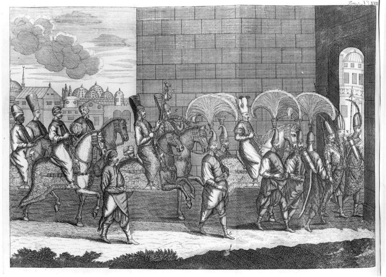 Sultan Mustafas ankomst til Konstantinopel, fra Sr A. de la Motrayes rejser i Europa, Asien og Afrika, udgivet 1727 af French School