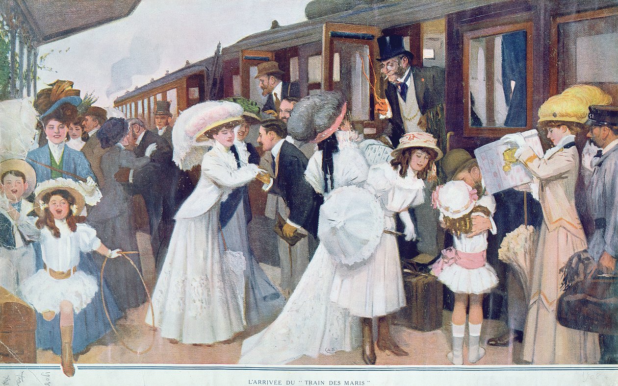 Ægtemændenes ankomst med tog, 1908 af French School