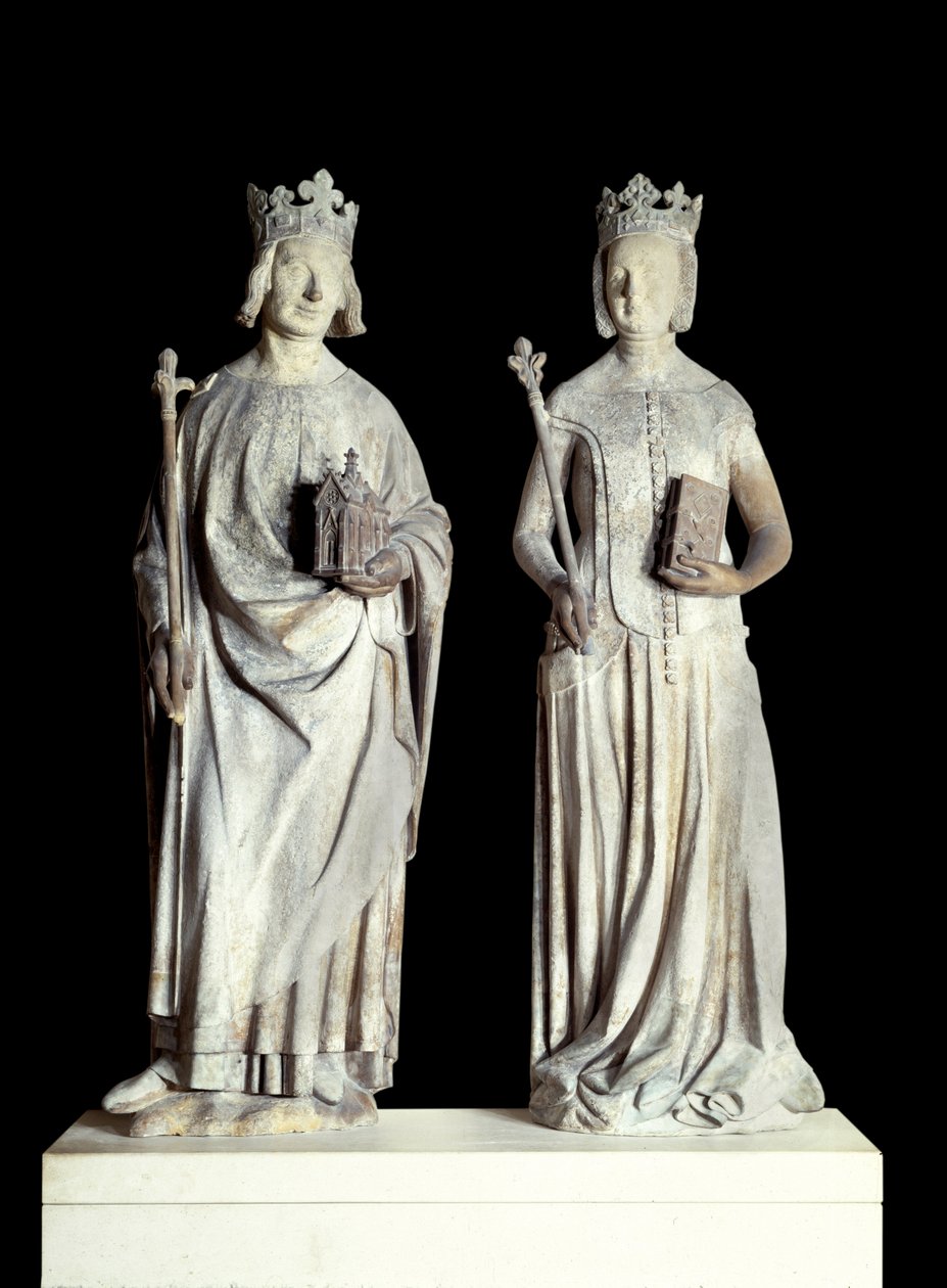 Art France: Statuer af kongen af Frankrig Charles V kendt som Karl den Vise (1338-1380) og Dronning af Frankrig Jeanne de Bourbon (1337-1378). Skulptur i kalksten fra 1300-tallet. Sandsynligvis fra facaden af den østlige indgang til Louvre (indretning af French School