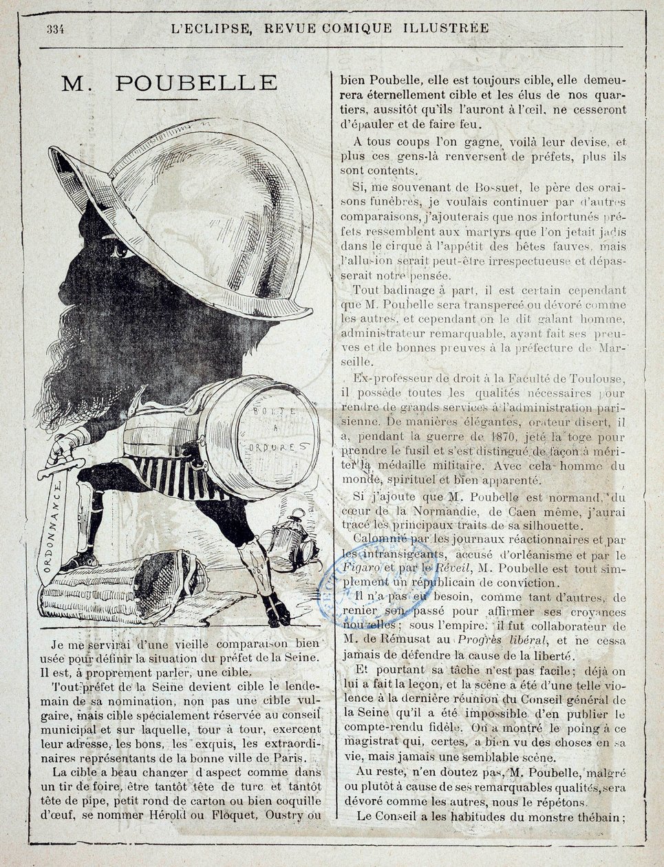 Artikel og tegneserie om Eugene Poubelle (1831-1907), præfet af Seinen og opfinder af skraldespande i 1884. 10/04/1885. Paris, politipræfekturet af French School
