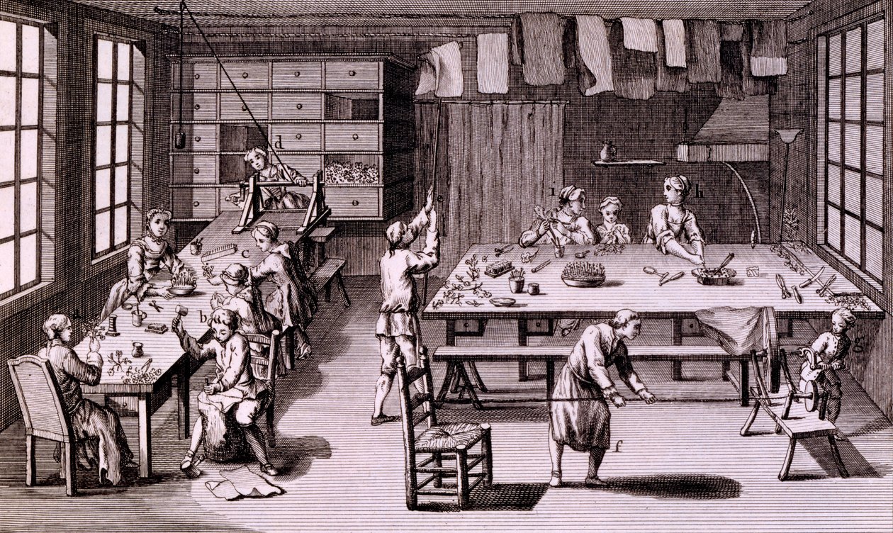 Artificial Flower Shop, illustration fra Encyclopaedia or a Systematic Dictionary of the Sciences, Arts and Crafts af Denis Diderot, udgivet 1765 af French School