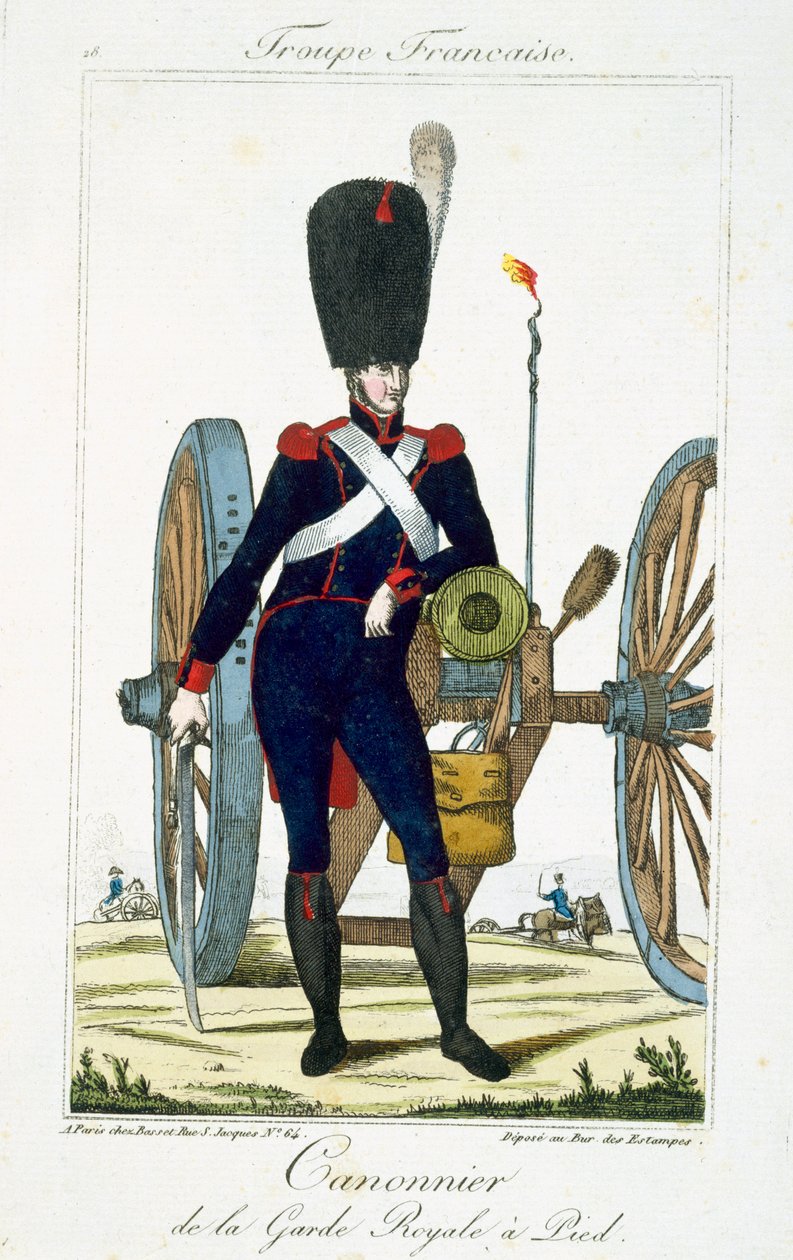 Artillerist fra den kongelige garde med en kanon, fra Troupes Francaises, pub. hos Basset, Paris, ca. 1790 af French School