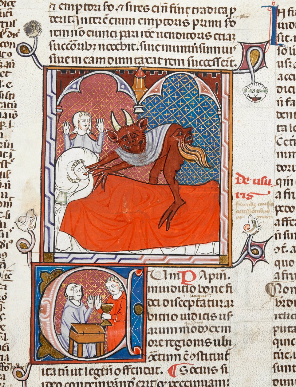 Arundel 484 f.245 En djævel eller dæmon på en død persons seng, illustration fra Digestum Vetus med gloss ordinaria, af Justinian, ca. 1300-10 (vellum) af French School