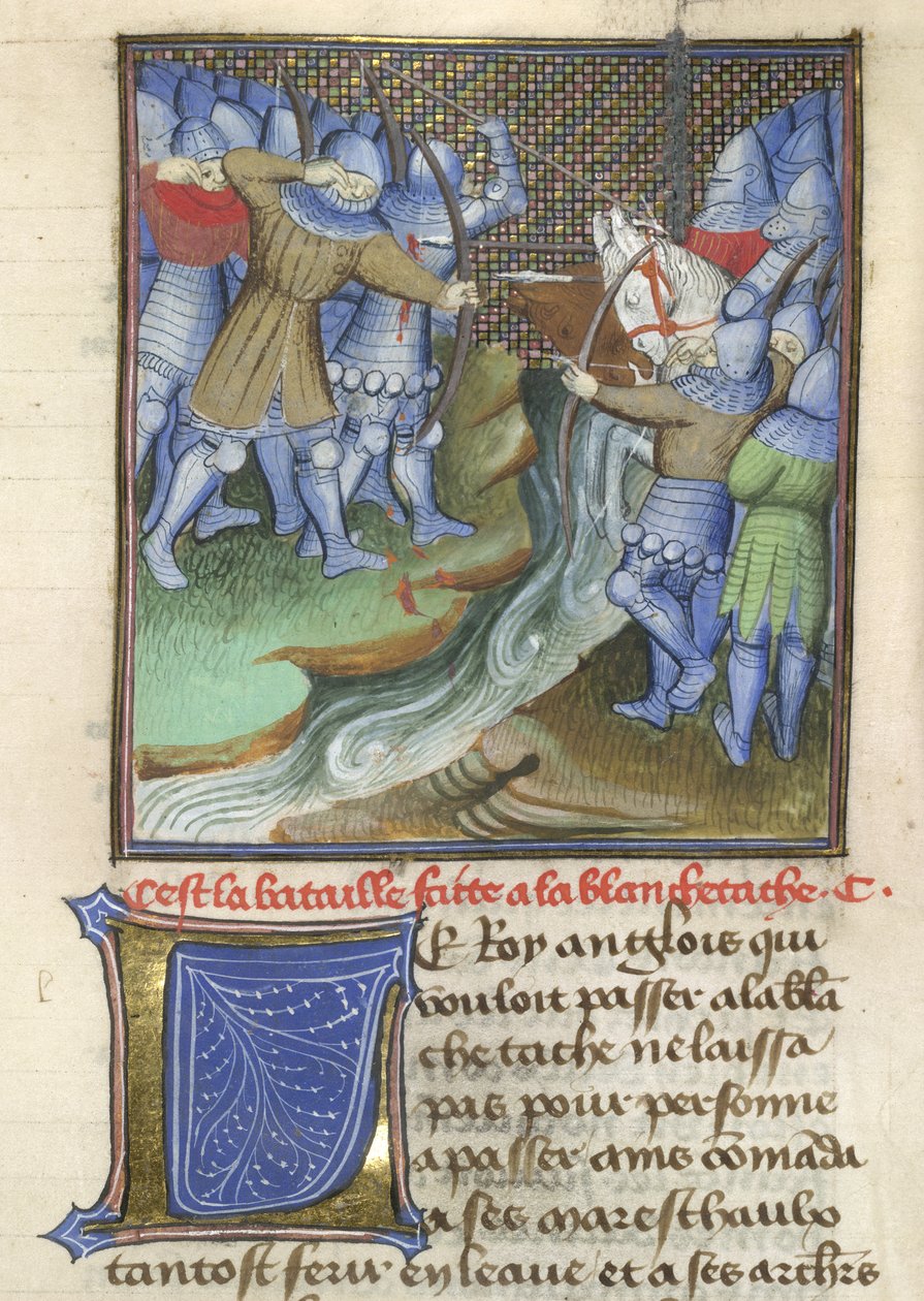 Arundel 67, f.144, middelaldersoldater, der kæmper, over en flod, fra Chroniques d
