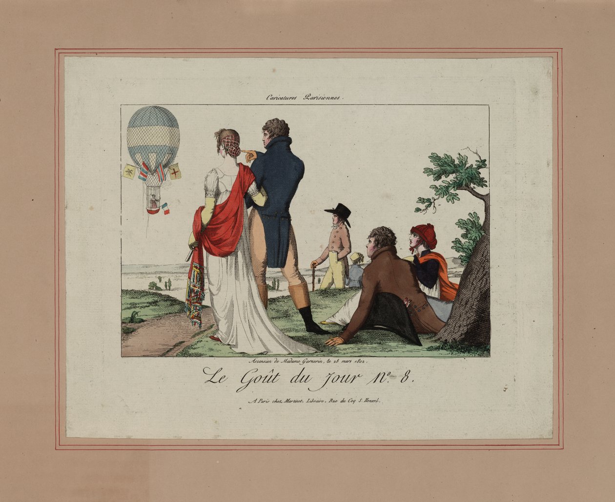 Ascension af Madame Garnerin, den 28. marts 1802 (farvet radering) af French School