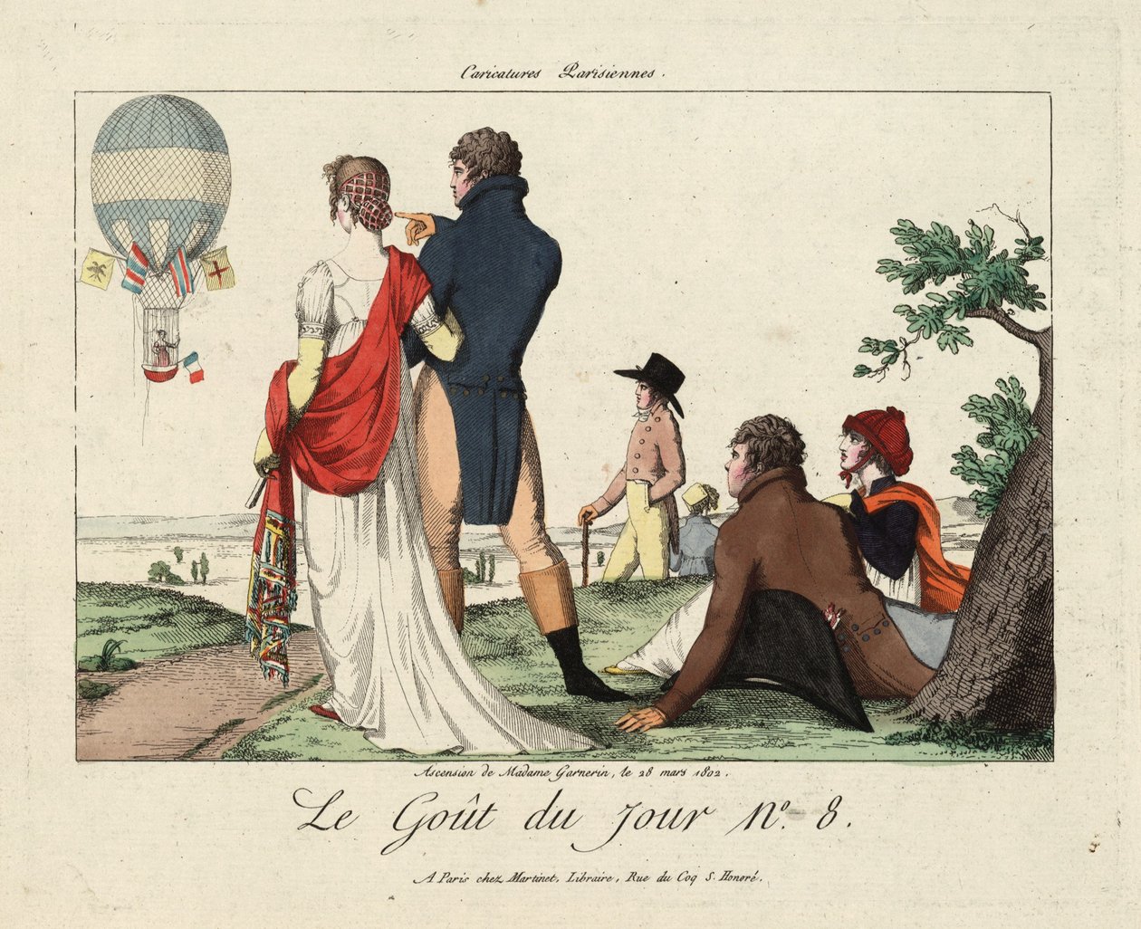 Bestigning af Madame Garnerin, 28. marts 1802, fra Le Gout du Jour nr. 8, ca. 1870, (håndfarvet gravering) af French School