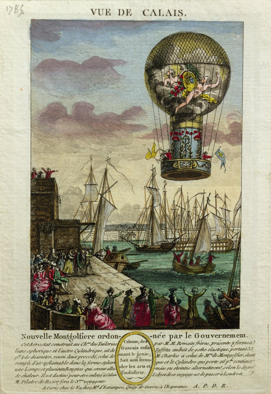 Bestigning af en Mongolfiere varmluftsballon ved Calais i 1785 af French School