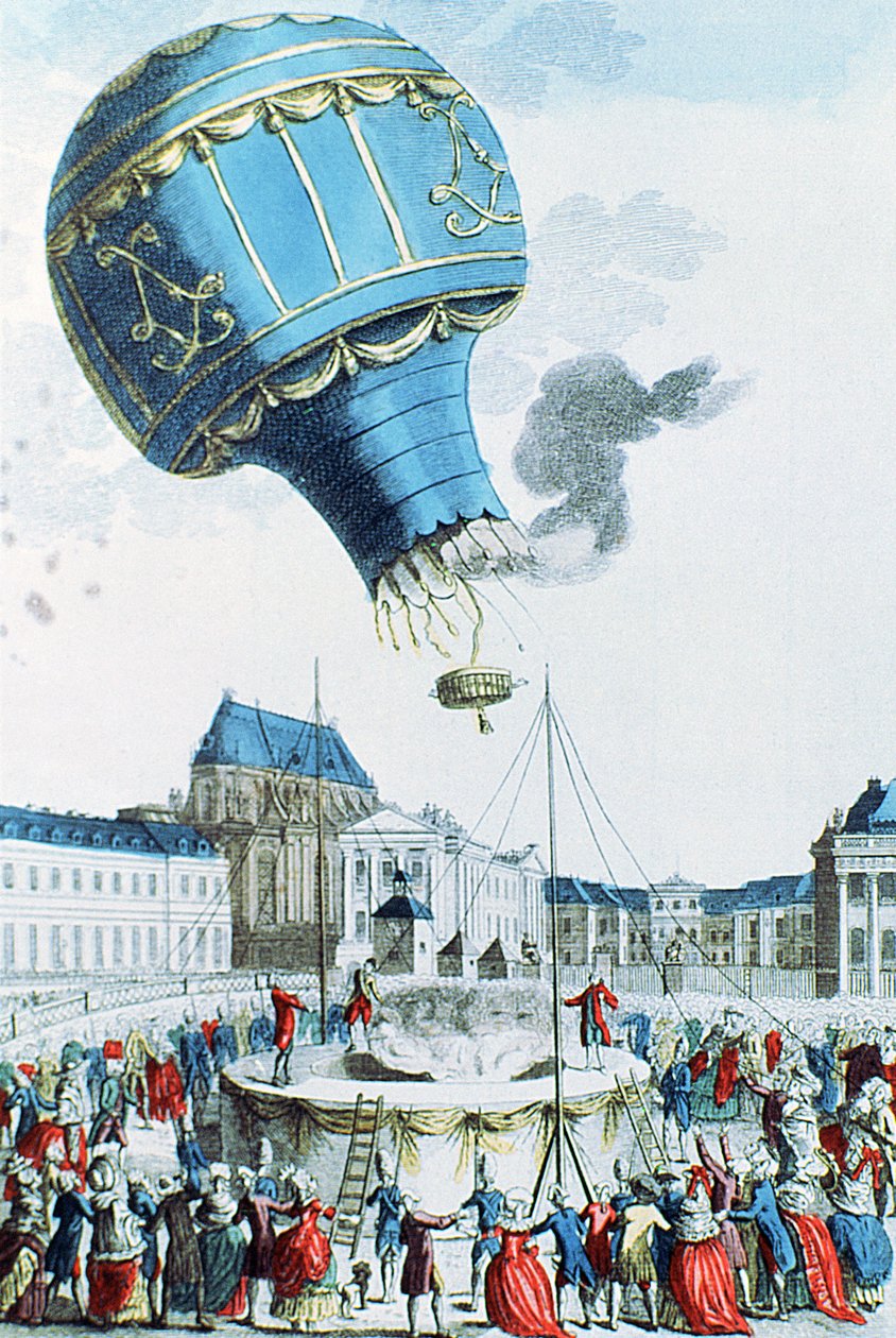 Opstigning af Montgolfier-brødrenes varmluftballon før kongefamilien i Versailles i 1783 (farvegravering) af French School