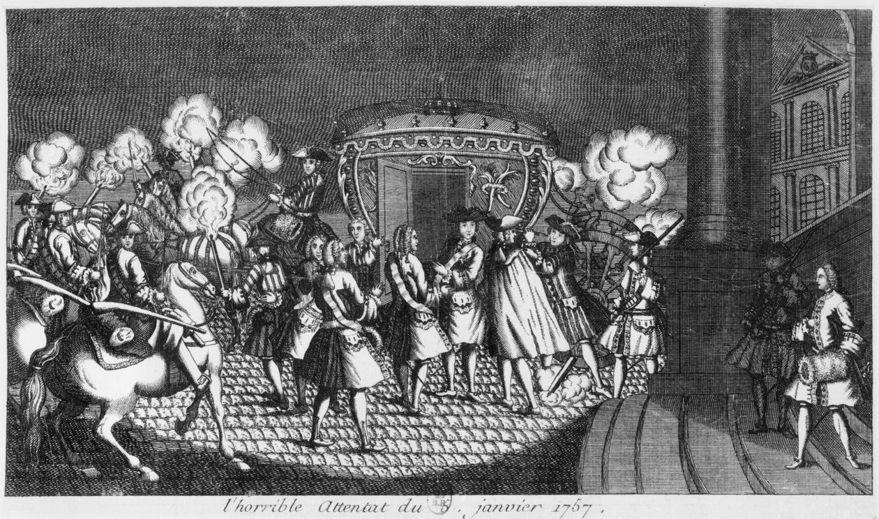 Attentatforsøg på kong Louis XV (1710-74) af Robert Francois Damiens den 5. januar 1757 af French School