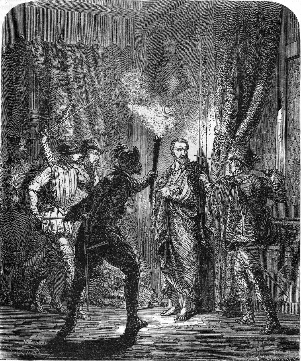 Mordet på admiral de Coligny under massakren på Saint-Bartelemy i 1572. I "" Histoire Populaire de la France"", sd. ca. 1885. Stik. af French School