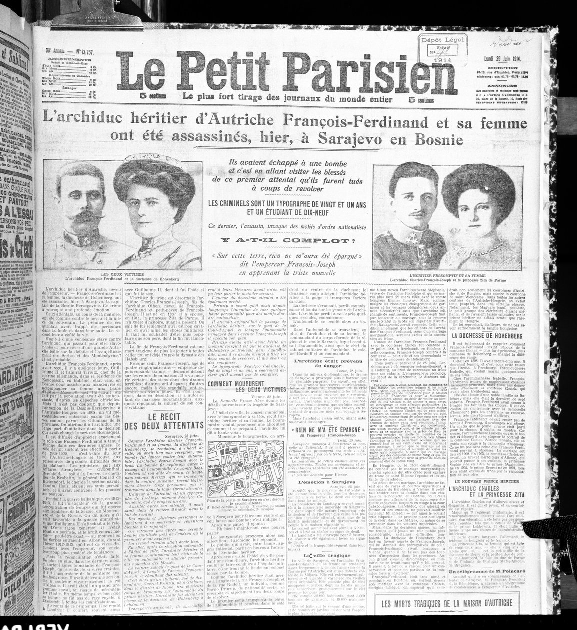 Mordet på ærkehertug Franz Ferdinand af Østrig (1863-1914) og hans kone fra Le Petit Parisien, 29. juni 1914 af French School
