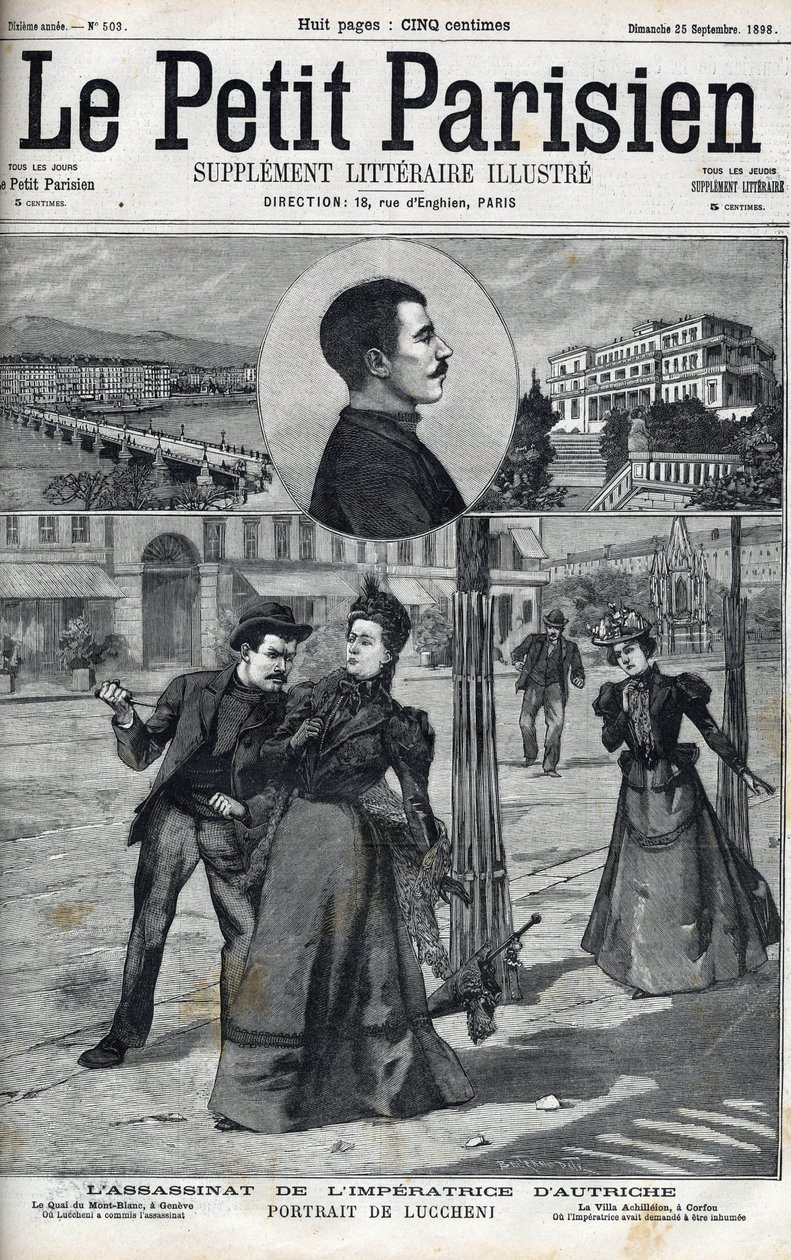 Mordet på impressen Elizabeth af Østrig (Sissi) af den italienske anarkist Luccheni i Genève i 1898. Cover af "" Le petit Parisien"" fra 1898 - Mordet på kejserinde Elisabeth af Østrig (Sissi) af den italienske anarkist Luigi Lucheni, i Genève af French School
