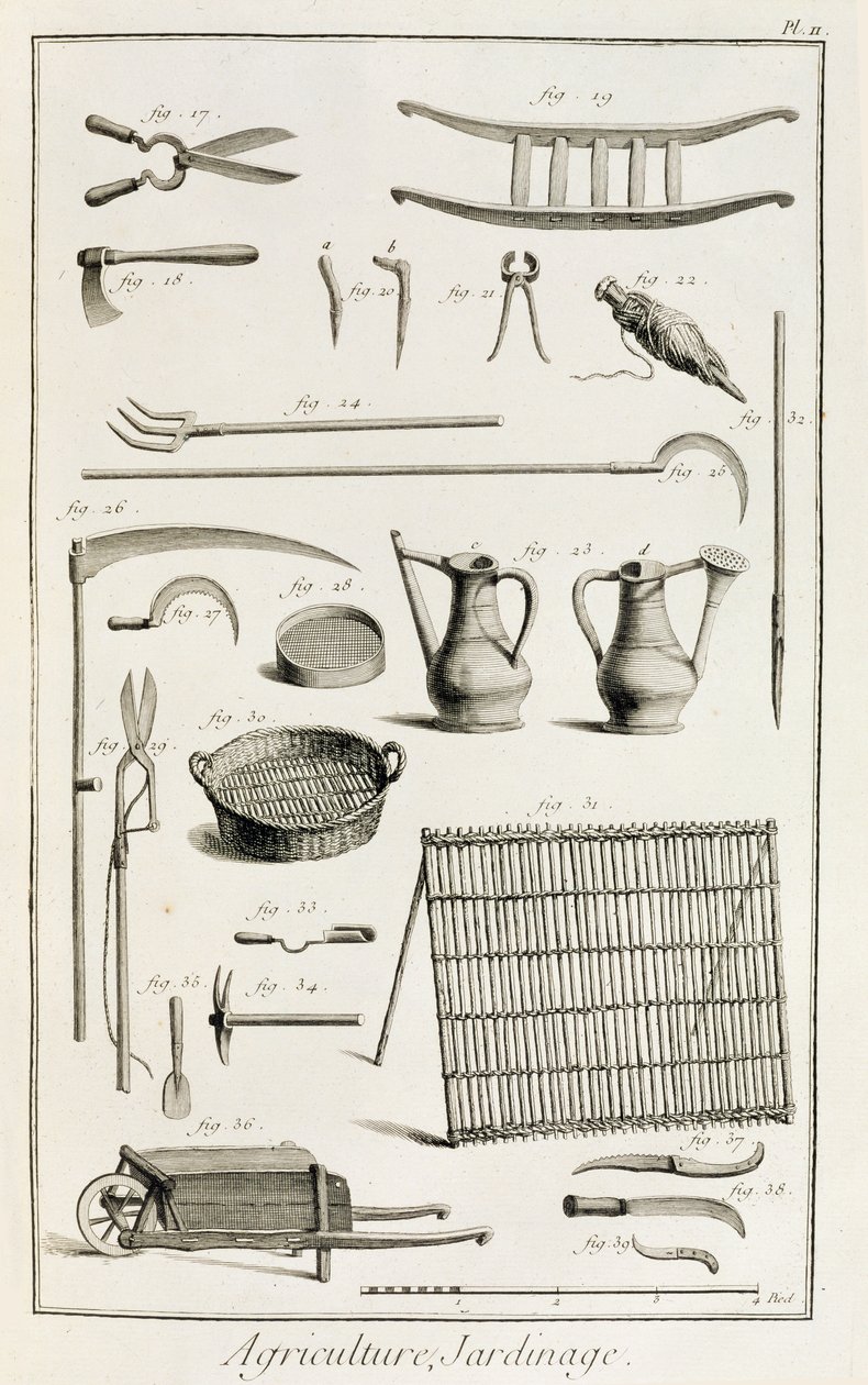 Sortiment af haveredskaber fra Encyclopedie des Sciences et Metiers af Denis Diderot (1713-84) udgivet ca. 1770 af French School