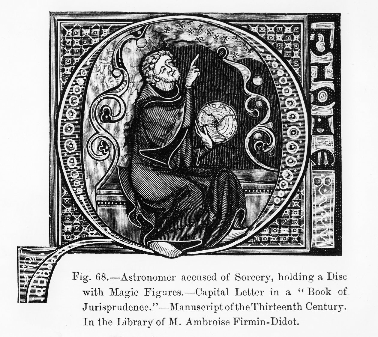 Astronom anklaget for trolddom, med en skive med magiske figurer, fra The Book of Jurisprudence, illustration fra videnskab og litteratur i middelalderen og renæssancen, skrevet og indgraveret af French School