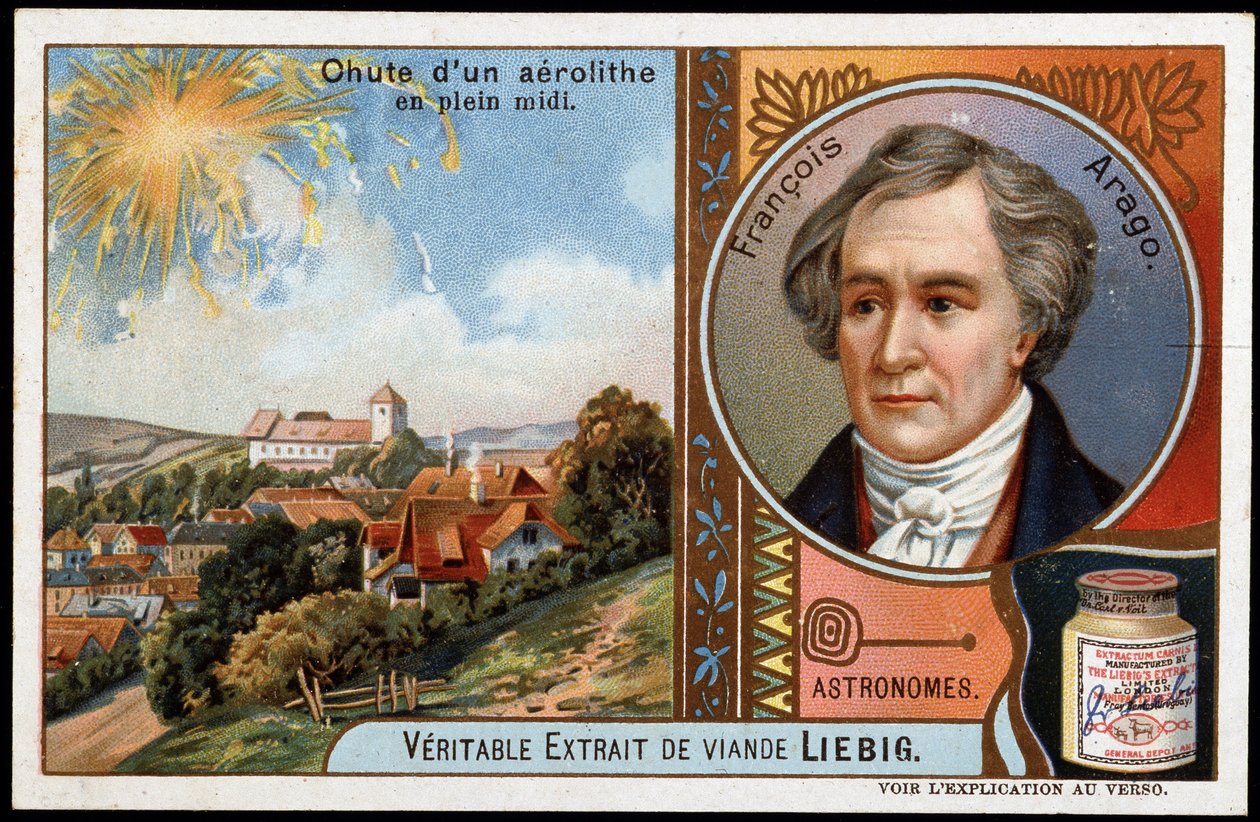 Astronomi: fald af en aerolit midt på dagen, med portræt af Francois Arago (1786-1853) - Liebig-kromolitografi af French School