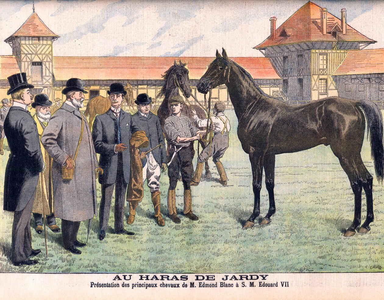 På stutteriet Jardy uden for Paris (Marnes-la-Coquette). Opdrætter Edmond Blanc viser sine bedste heste til King Edward VII. Jardy Stud. Præsentation af hr. Edmond Blancs hovedheste til HM Edouard VII (1841-1910). Illustration til Le petit Journal af French School