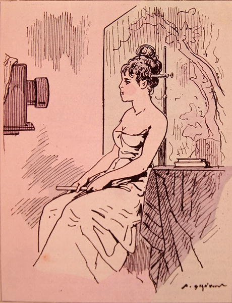 Hos fotografen i fotografiets tidlige dage: Dame, der kræver, at fotografen ignorerer hendes frisure og giver hende mere hår (farve litho) af French School