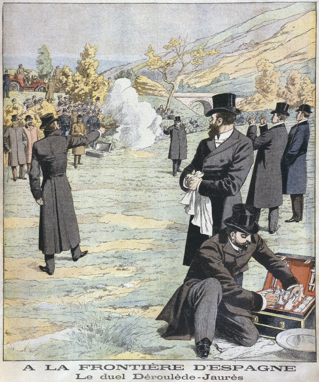 Ved den spanske grænse, duel mellem Paul Deroulede og Jean Jaures, illustration fra Le Petit Journal: Supplement illustre, 18. december 1904 af French School