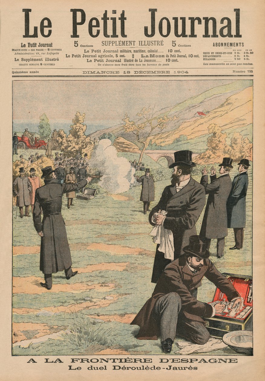 Ved den spanske grænse, duel mellem Paul Deroulede og Jean Jaures, illustration fra Le Petit Journal, Supplement illustre, 18. december 1904 af French School