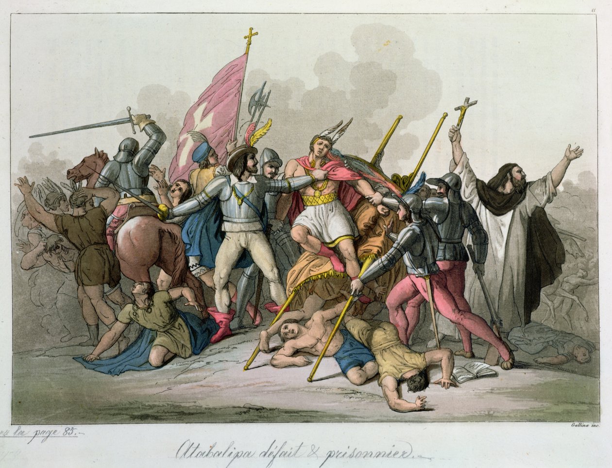 Atahualpa (ca. 1502-33) besejret og taget til fange af Francisco Pizarros tropper (ca. 1478-1541) 1820 af French School
